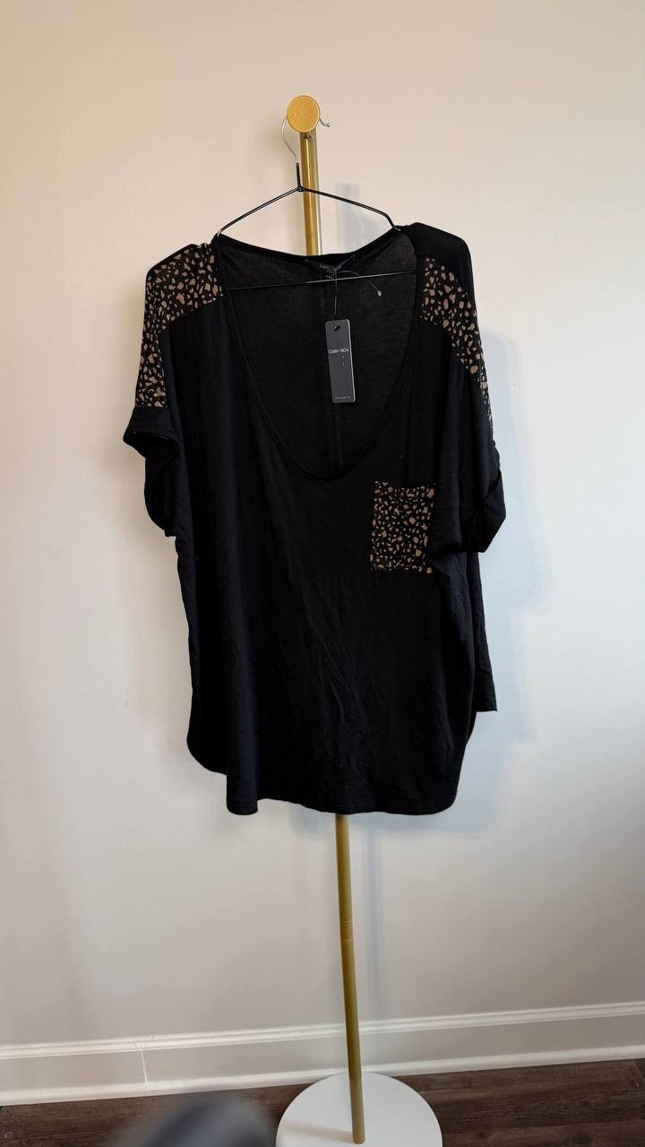 Coin 1804 Plus Size Rolled Sleeve Top Mesh Pocket Black 3X NWT $30