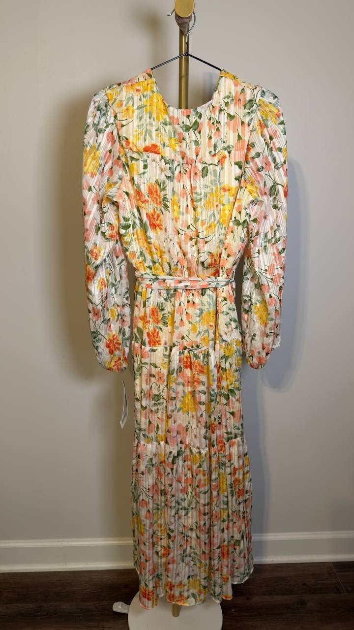 Signature by Robbie Bee Pleated Tiered Midi Dress Yellow Coral 8 NWT $79