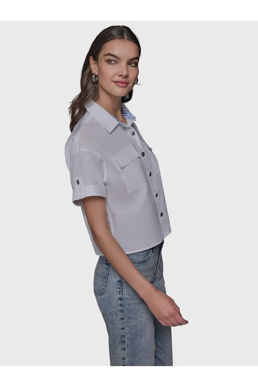 Karl Lagerfeld Paris Poplin Button Front Top White Pockets Size M NWT $89
