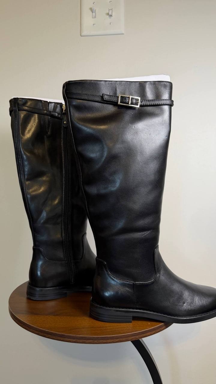 INC Britta Boots 6.5M Black Beauty Leather Knee Riding Flat Zip NIB msrp$189