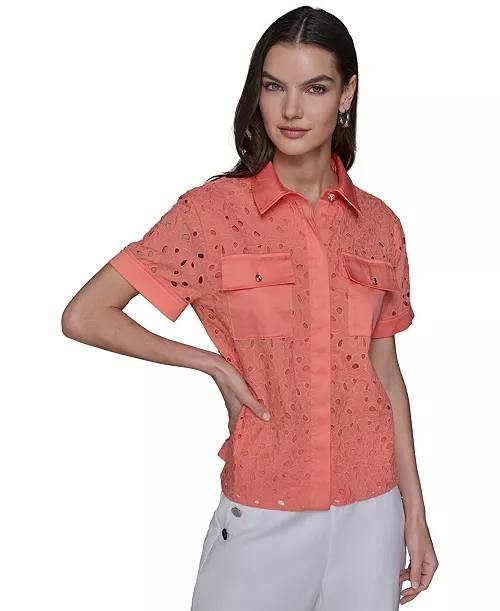 Karl Lagerfeld Paris Eyelet Cotton Shirt Red M NWT $129