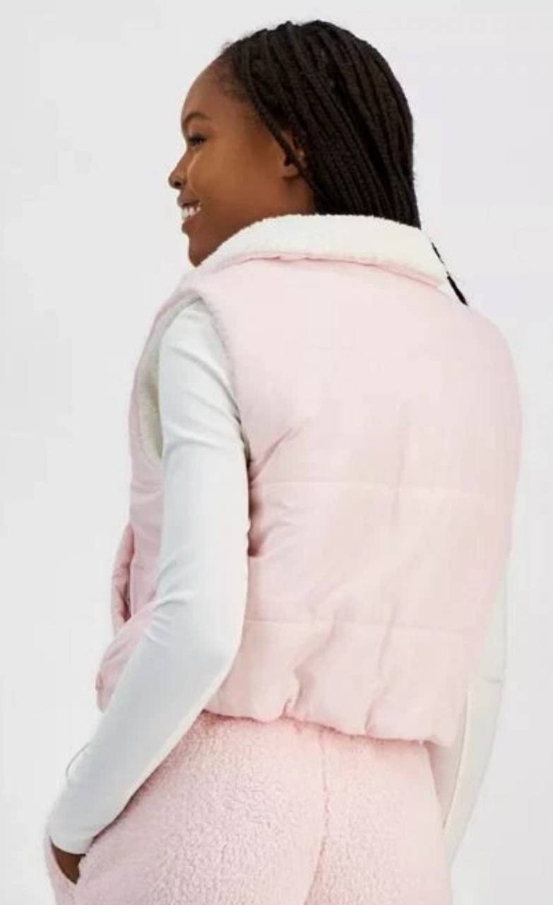 Madden Girl Sherpa Puffer Vest Pink, Bow Accent, Juniors' M, Sleeveless