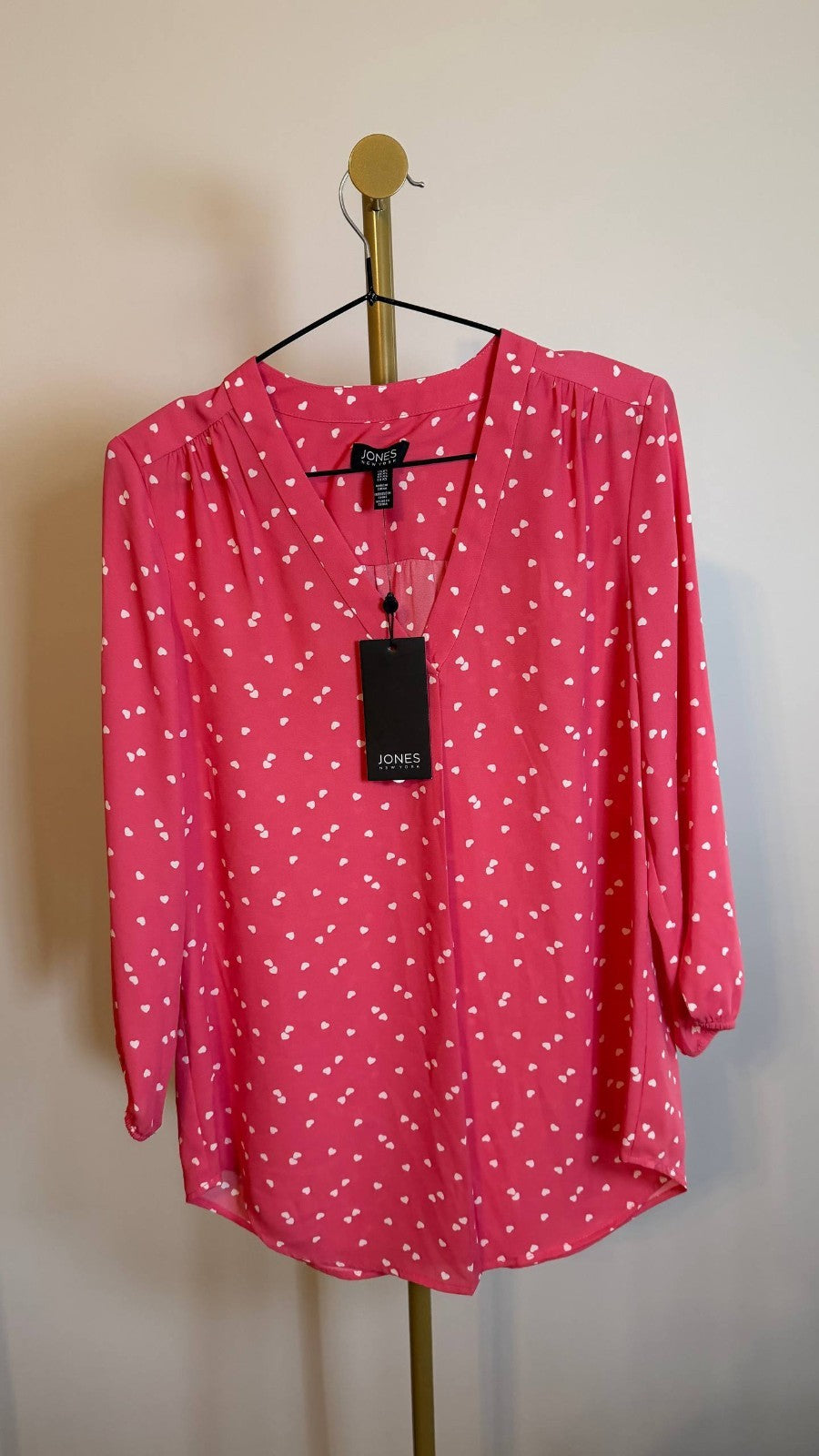Jones New York Women’s Heart‑Print 3/4‑Sleeve Top Pink White $69 NW