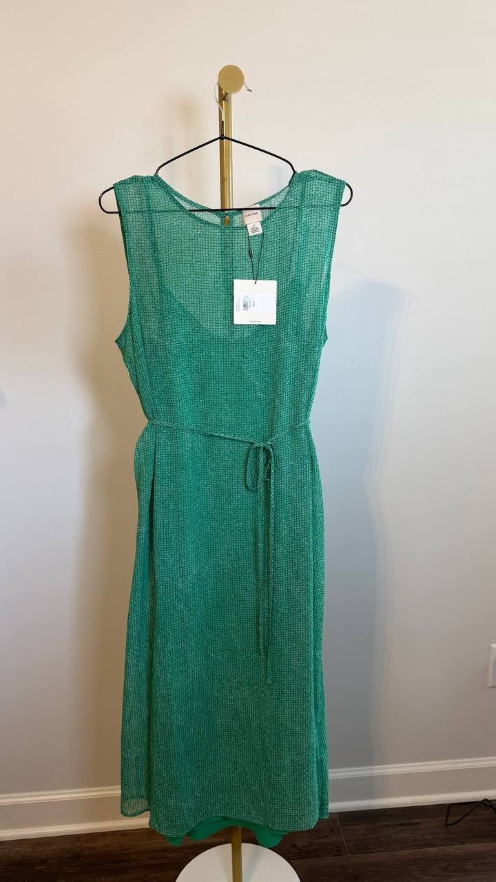 Calvin Klein Sleeveless Printed Chiffon Midi Dress Green Belted Lined Size L NWT