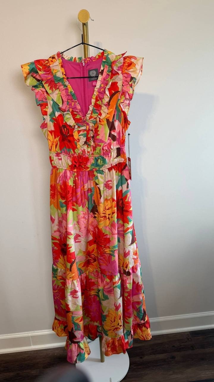 Vince Camuto Floral‑Print Ruffled‑Shoulder Midi Dress Multi 2 NWT $158