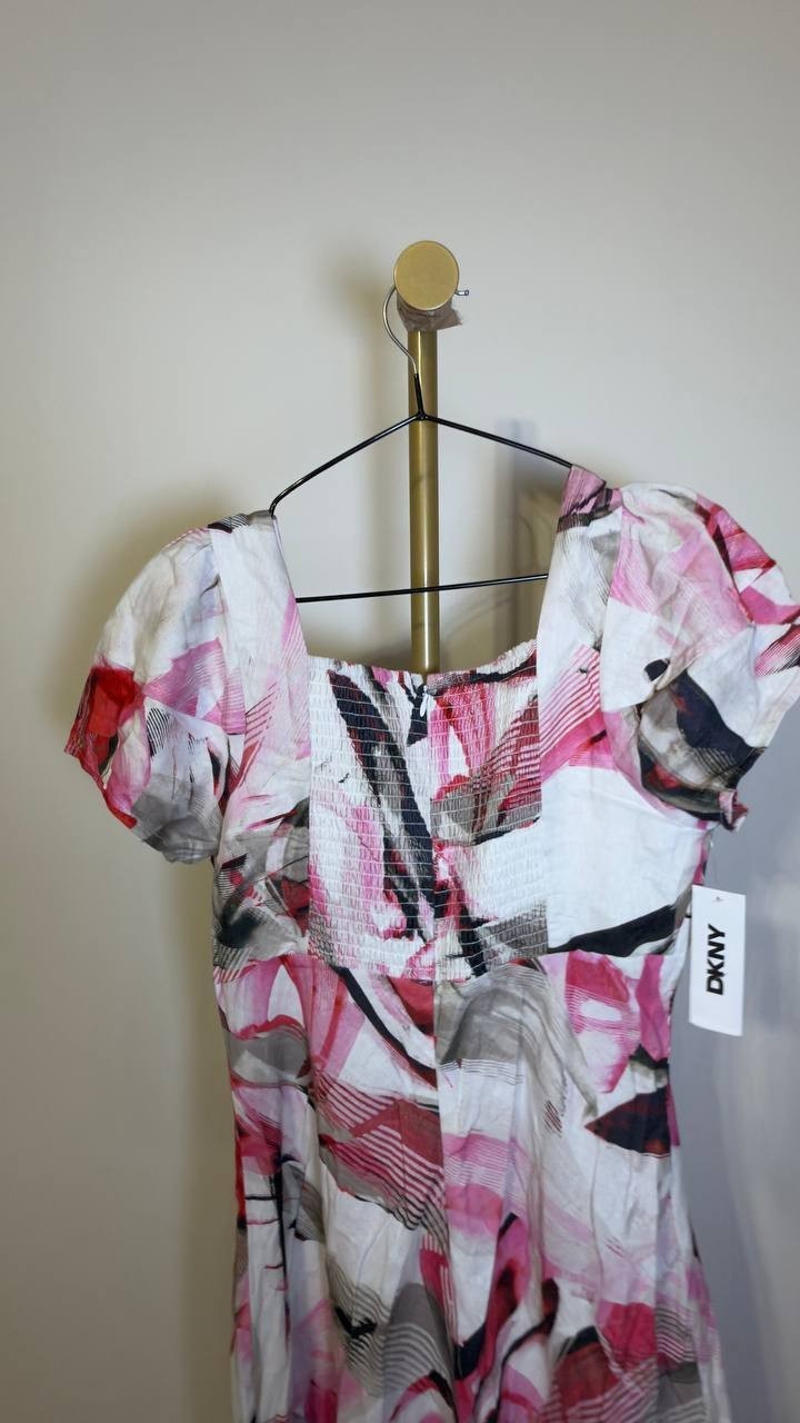 DKNY Women’s Puff Sleeve Asymmetrical Printed Dress Spring Wisteria 8 NWT $149