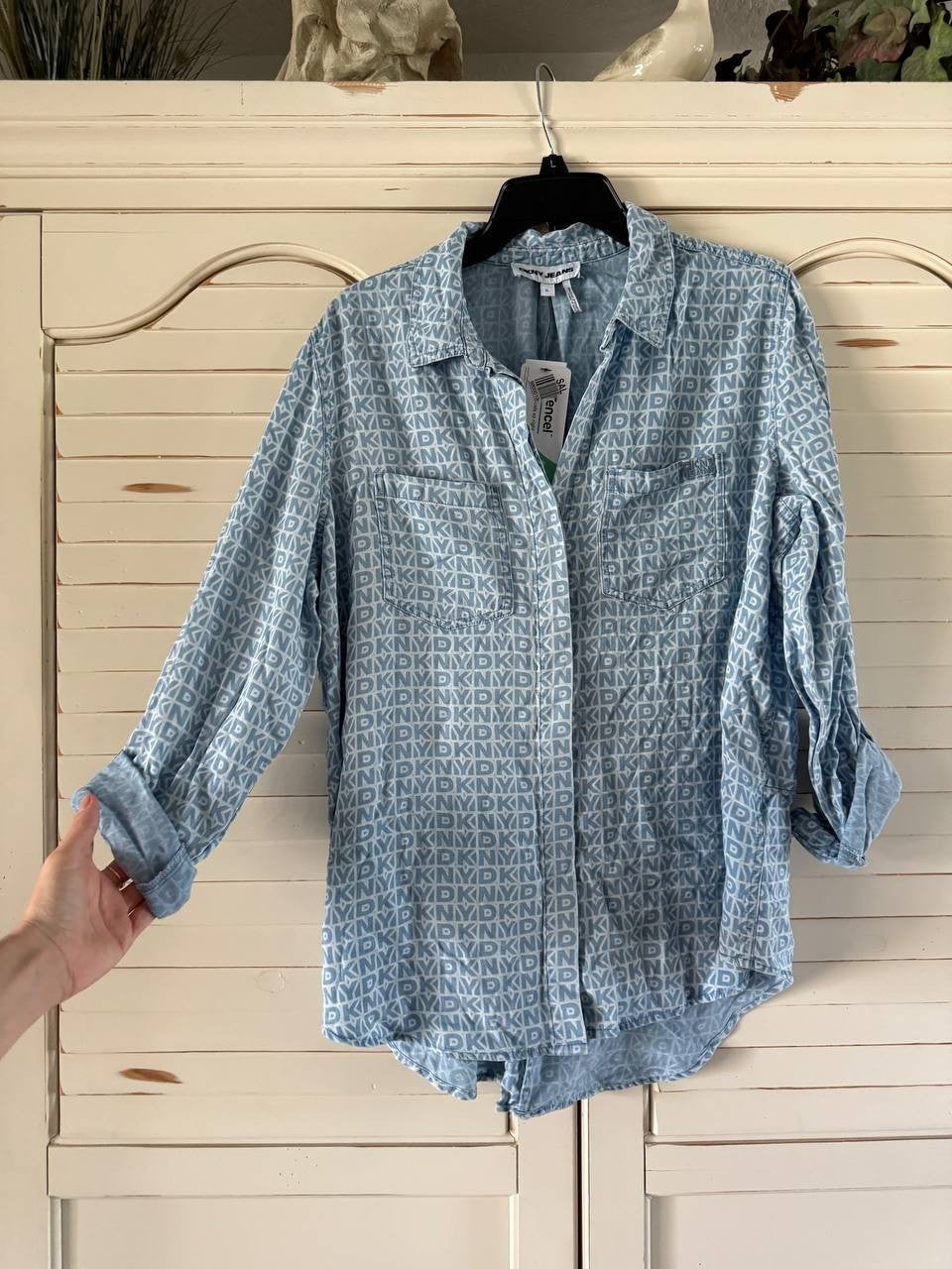 DKNY Jeans Roll-Tab Button-Front Chambray Blue XL Women Shirt Relaxed Fit