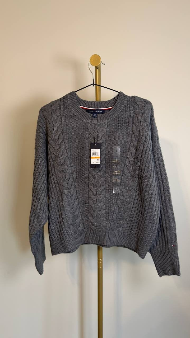 Tommy Hilfiger Traveling Cable Crewneck Sweater Grey S NWT $79.50