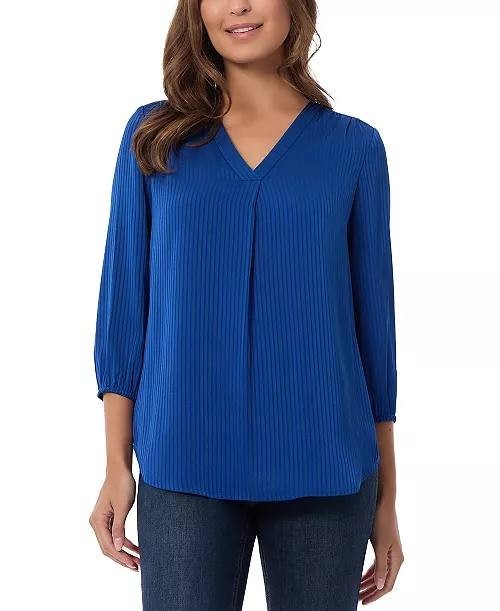 Jones New York Petite Striped Blouson‑Sleeve V‑Neck Blouse Blue PM $69.50 NWT