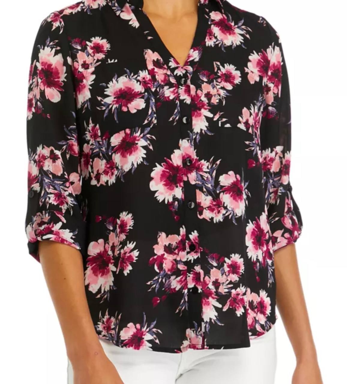 BCX Juniors’ Floral-Print Roll-Sleeve Button-Up Blouse Pat A L NWT $44