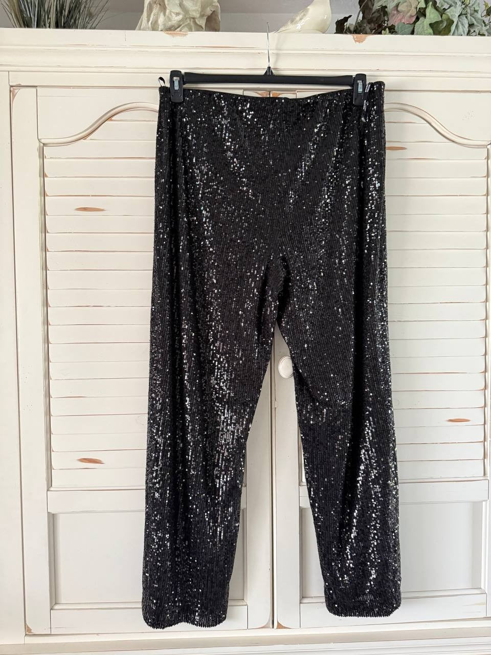 Anne Klein Women's Black Pull-on Sequin Wide-Leg Pants Size-XL