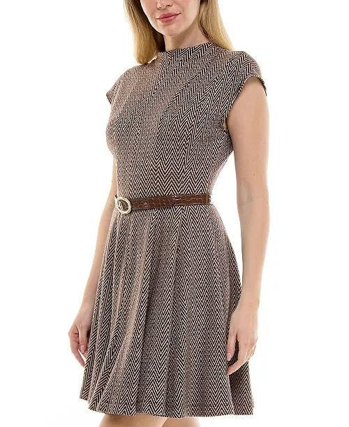 Taylor Women’s Belted Jacquard A‑Line Dress Brown Cream 12 NWT $128