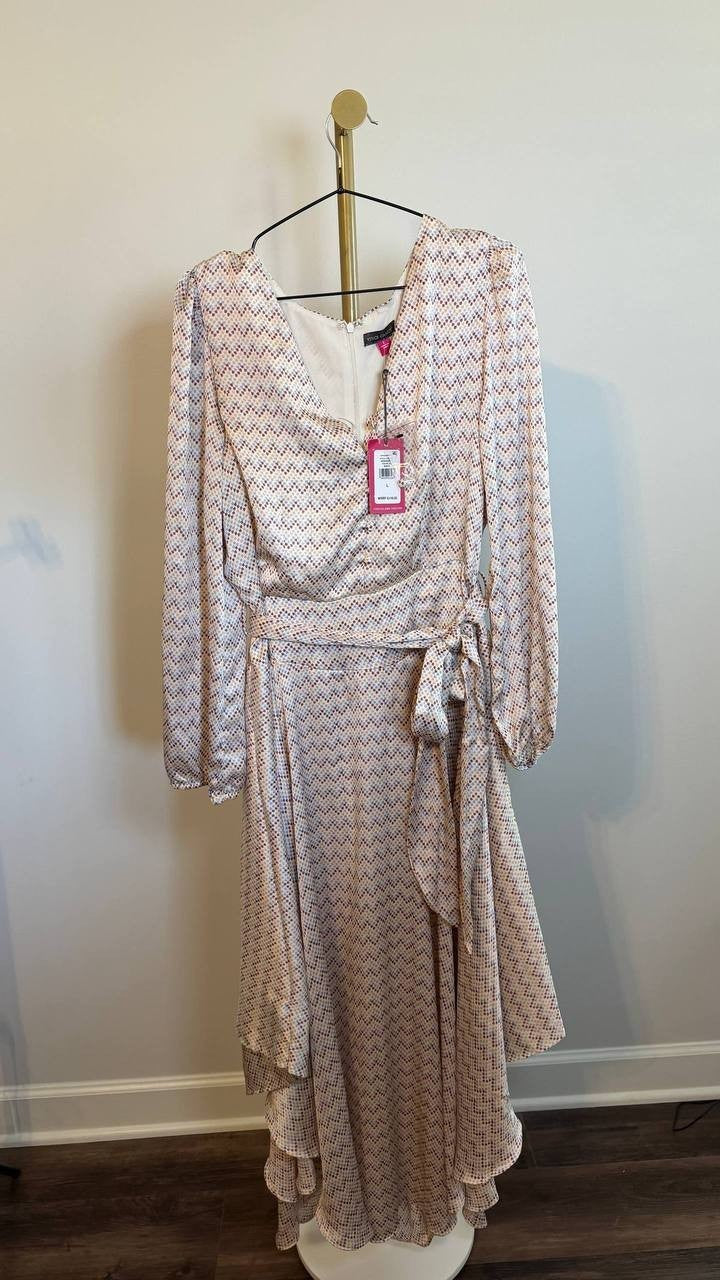 Vince Camuto Tie Maxi Dress Birch Button Detail Unlined Size L NWT $119 (damage)