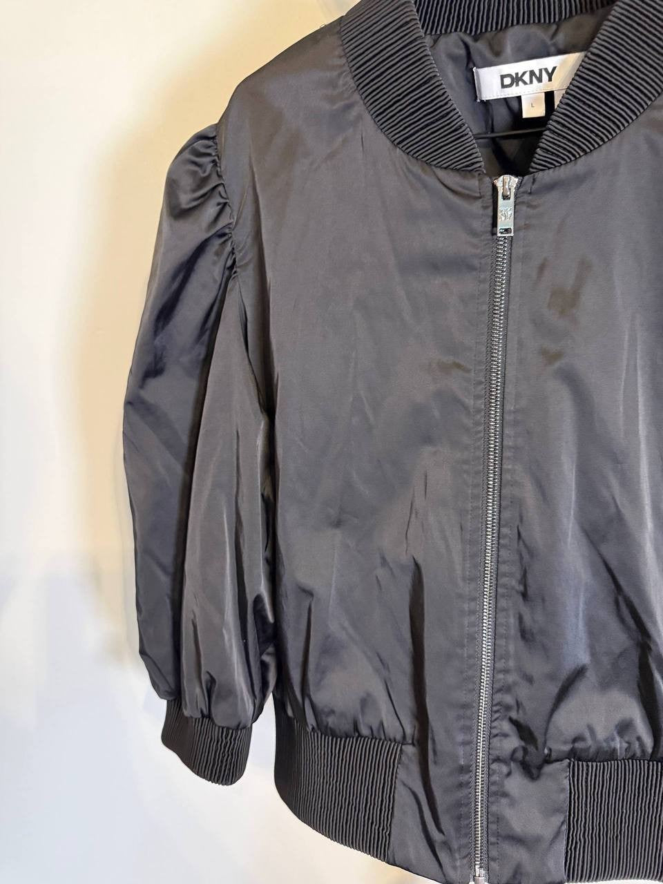 DKNY Women’s High Shine Sateen Puff Sleeve Jacket Black-Size L-NWT-$139