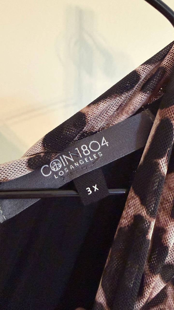 Coin 1804 Women’s Leopard Trim Mesh Collar Top Black 3X $34 NWT