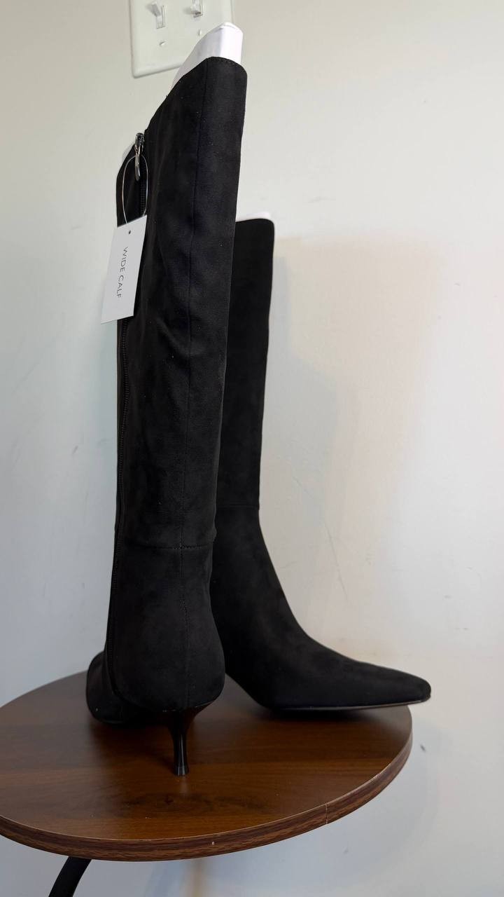 Nine West Havier Knee High Kitten Heel Boots Black 8M Wide Calf Textile $199 NWB