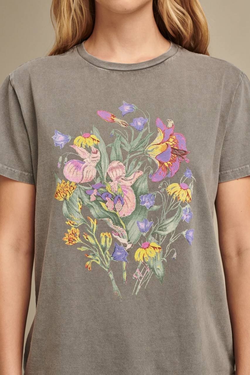 Lucky Brand Faded Neon Floral Classic Crew Dark Dull Grey L Pre‑Owned $39.50