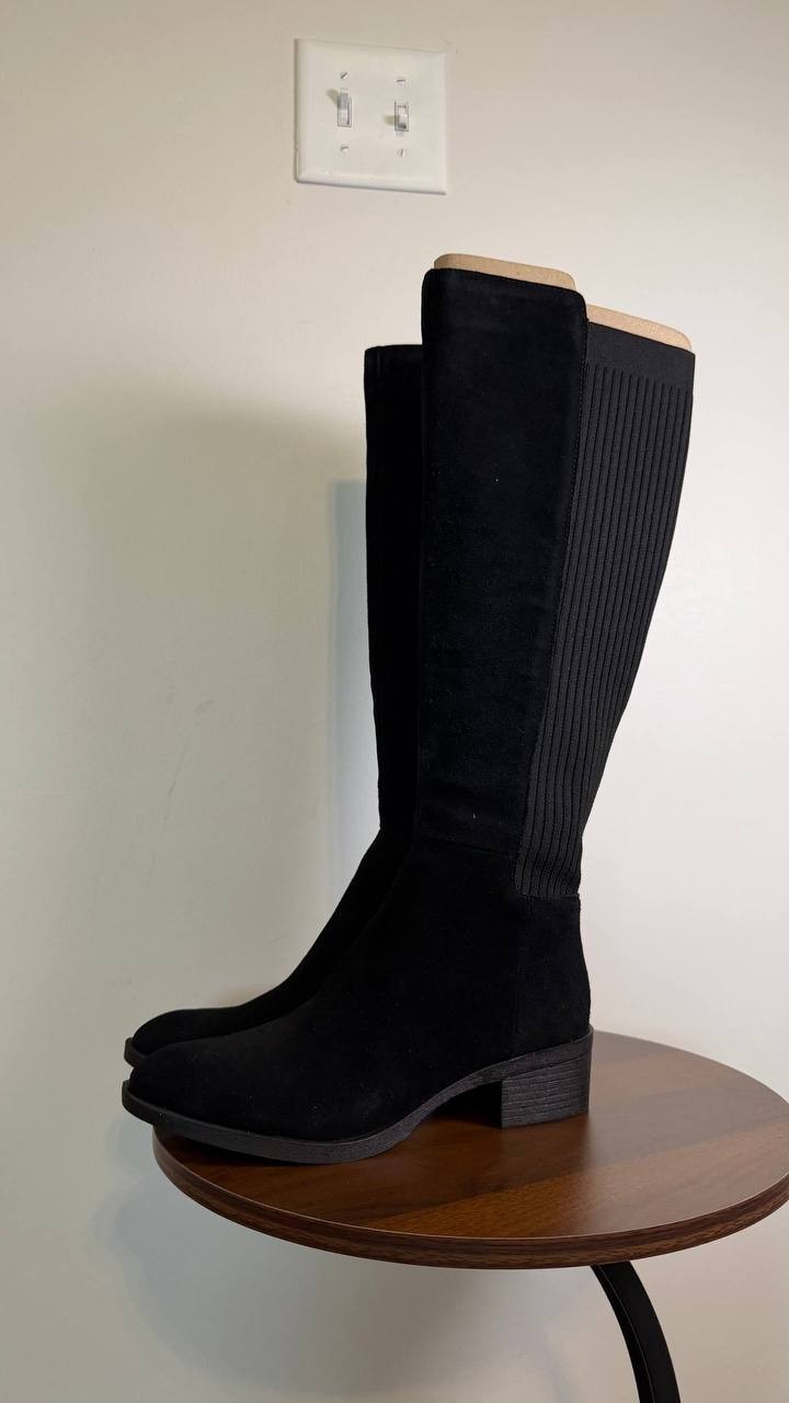 Kenneth Cole Levon Boots 6.5M Black Suede Tall Wide‑Shaft Round Toe NIB msrp$220