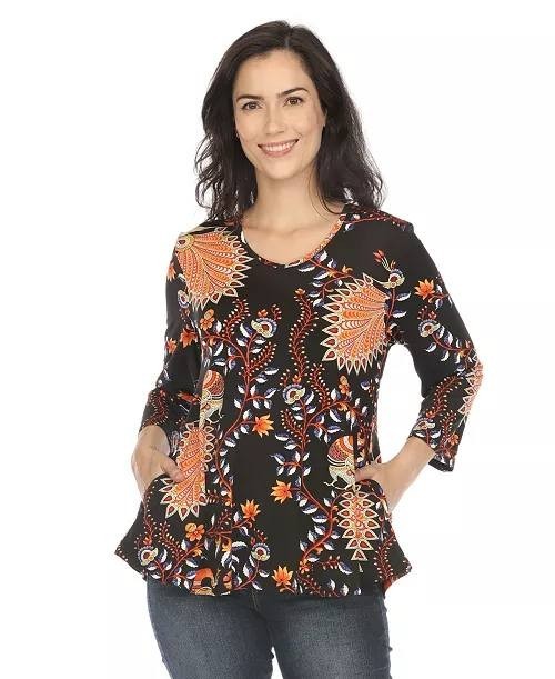 White Mark Vibrant Boho Swing Top V‑Neck Paisley Black L NWT $54