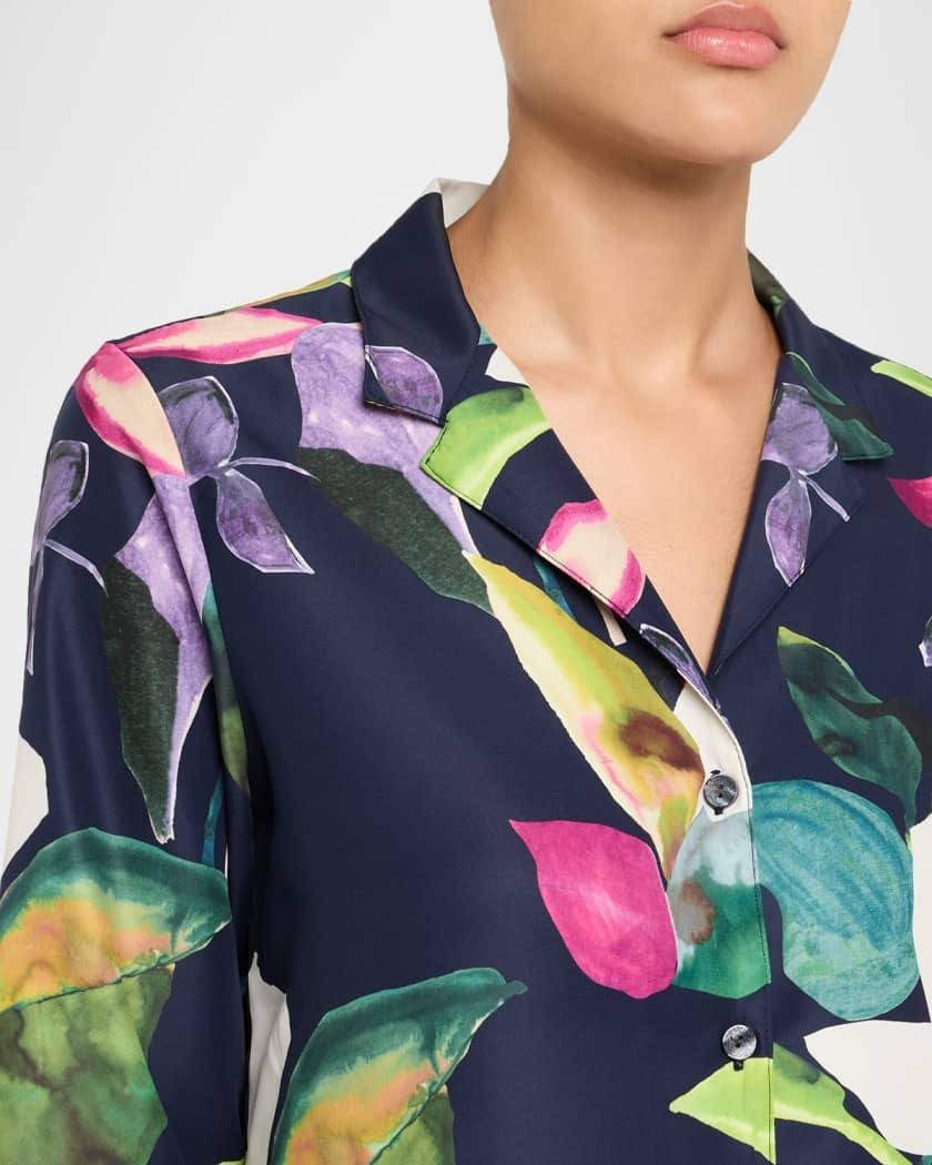 Natori Daido Cropped Floral Pajama Top Navy Multicolor XL NWT Notched Lapel