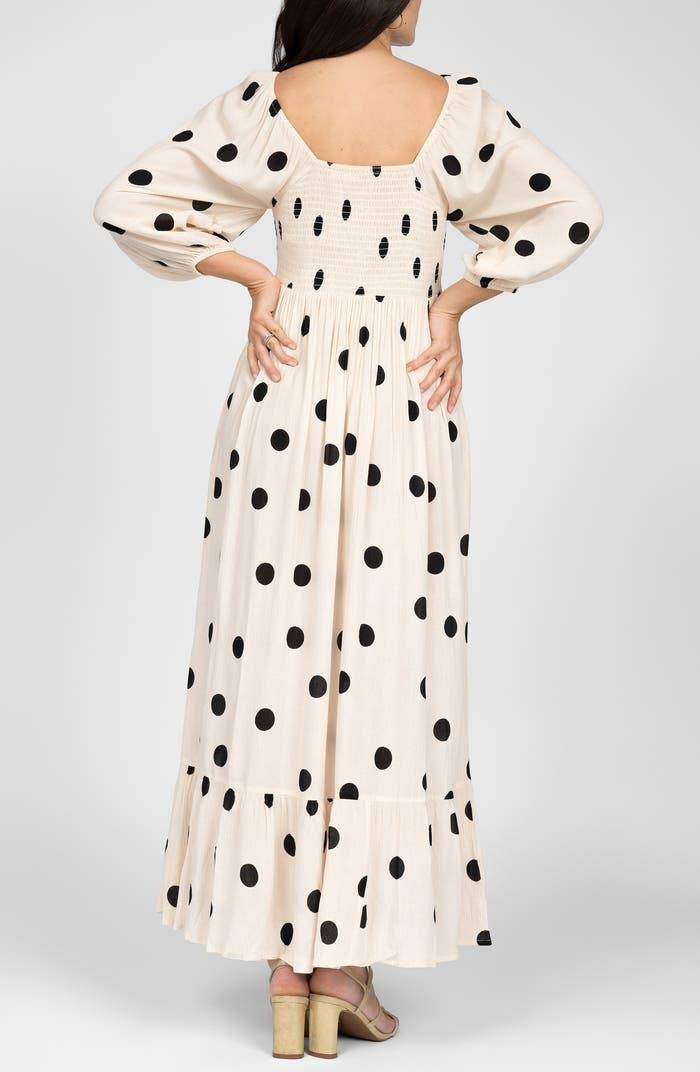 Seraphine Maternity Midi Dress Shirred Viscose Polka Dot 4 NWT MSRP $125