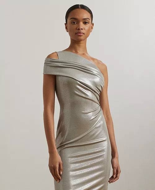 Lauren Ralph Lauren Metallic One‑Shoulder Cocktail Dress Silver 16 NWT $225