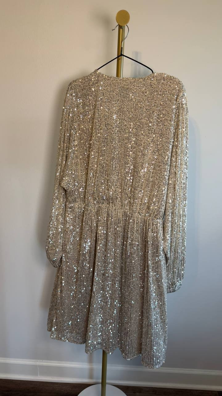 BOSS Orange Sequin Blouson-Sleeve Dress Open Beige 14 NWT $179