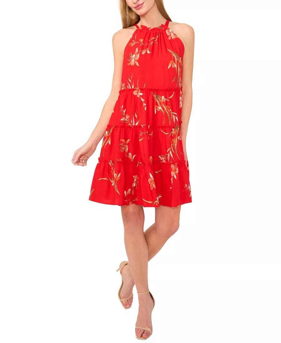 CeCe Tiered Back‑Tie Halter Dress Red SizeXS NWT Feminine Chic msrp$79