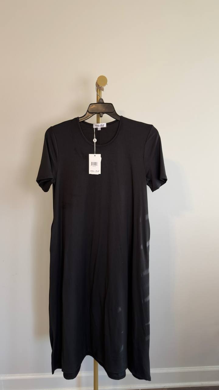 White Mark Casual T-Shirt Swing Midi Dress with Pockets Black L NWT $80