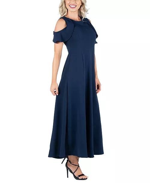 24seven Comfort Apparel Ruffle Cold Shoulder A‑Line Maxi Dress Navy M NWT $90
