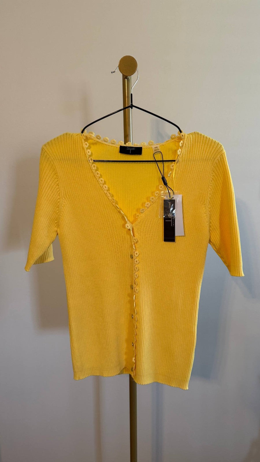Tahari Women’s Ribbed Pointelle Button‑Front Sweater Yellow Sky $78 NWT