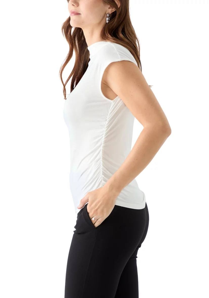 DKNY Short Sleeve Mock Neck Top White Cap Sleeve Stretch Size S Preowned $49