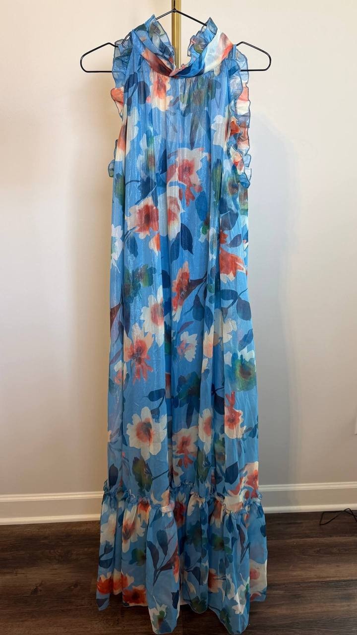 Nancy Yang Floral Maxi Dress Blue Multi Size M NWT Ruffled Skirt Summer Event