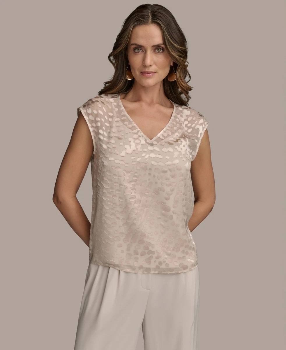 Donna Karan NY Cap‑Sleeve Silk‑Blend Burnout Blouse Beige XS NWT $129