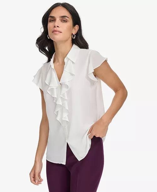 Calvin Klein Collared Ruffled Short-Sleeve Blouse Cream PL NWT $59