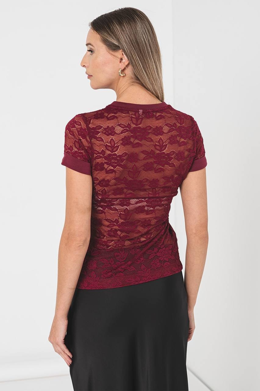 Guess Women’s Lace Sleeve Rhinestone Logo Tee Burgundy XS $50 NWT