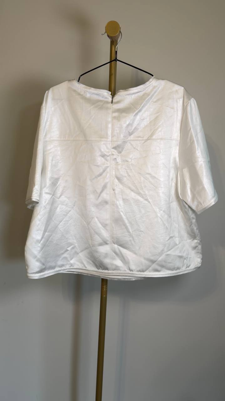 DKNY Crackle Woven Crewneck Short Sleeve Blouse Ivory XL NWT $79
