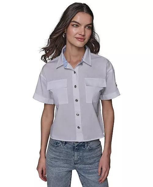 Karl Lagerfeld Paris Poplin Button Front Top White Pockets Size M NWT $89