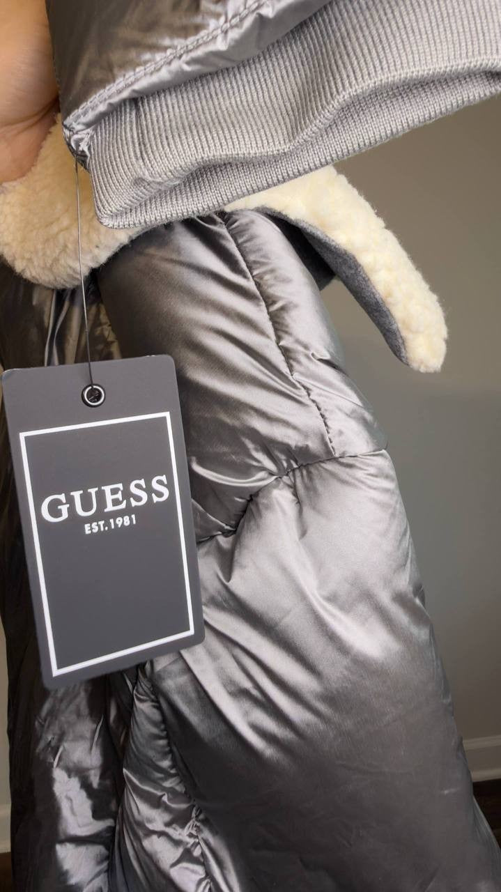 GUESS Men’s Puffer Jacket Sherpa Collar Silver Soiled M NWT $250