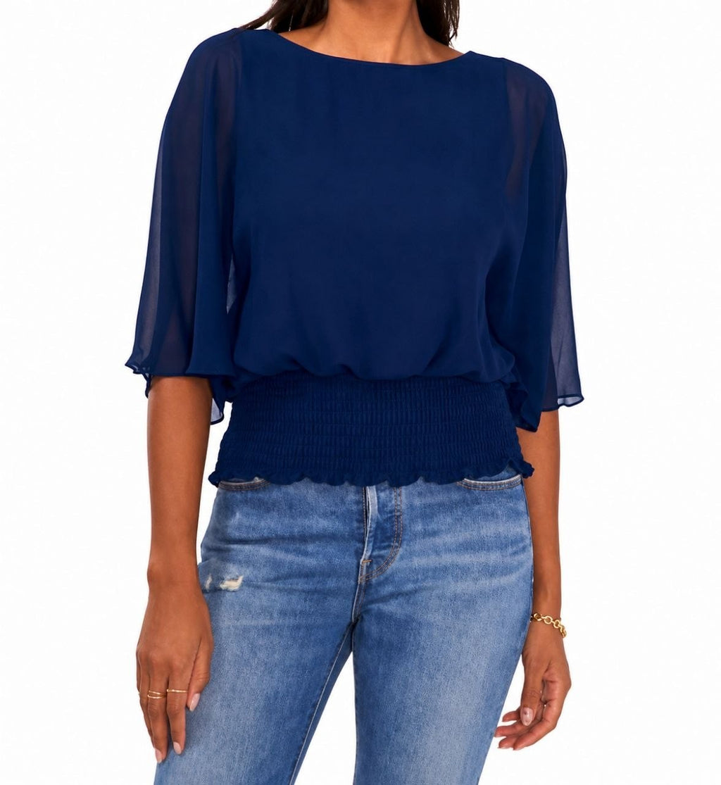 Sam & Jess Smocked‑Waist 3/4 Kimono Sleeve Top Navy L NWT $69