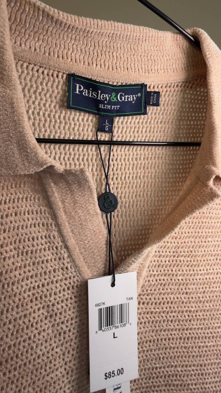 Paisley & Gray Johnny Collar Polo Tan Chenille Size L NWT $85