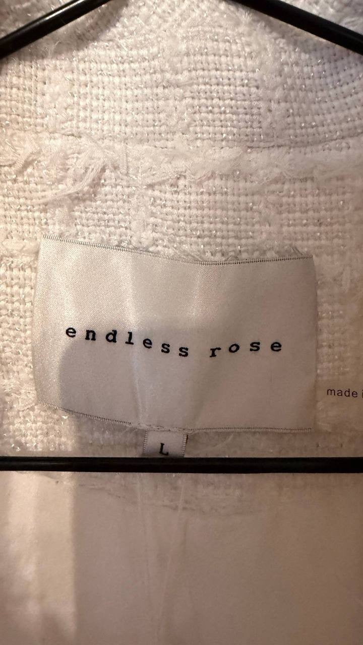 Endless Rose White Crop Tweed Jacket L NWT Without buttons Chic Modern msrp$185