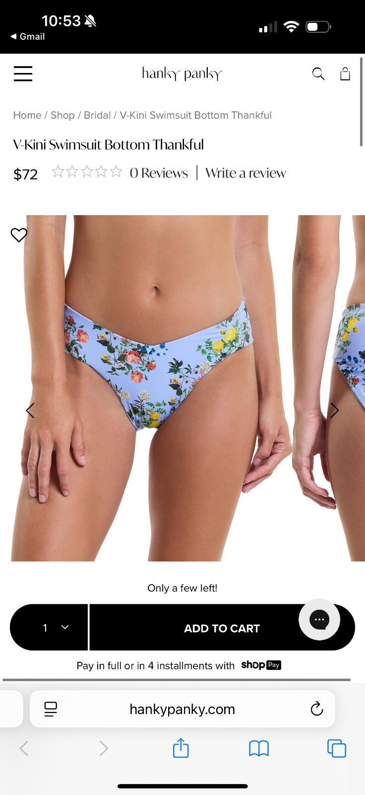 Hanky Panky Stylish V-Kini Bikini Bottom, Multicolor Flower, Retro, Size M