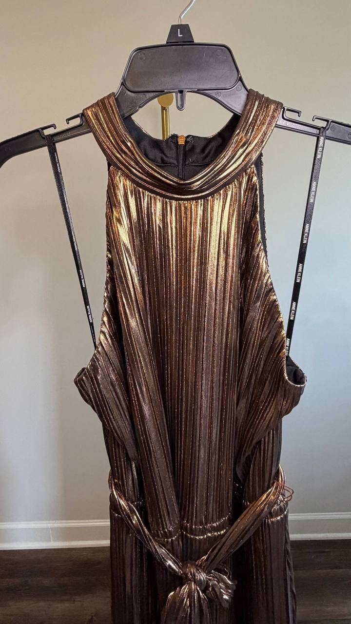 Anne Klein Metallic Mock‑Neck Halter Dress Bronze XL NWT $159