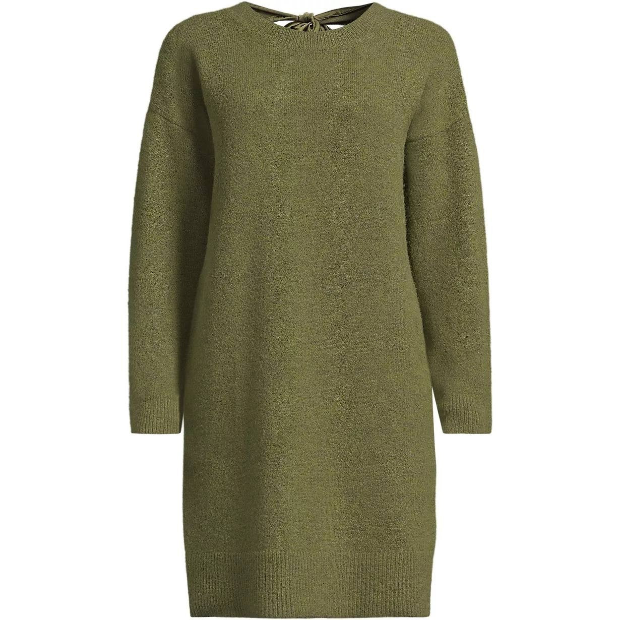 Lands’ End Fuzzy Bow Back Mini Sweater Dress Olive Drab Heather XL NWOT $109.95