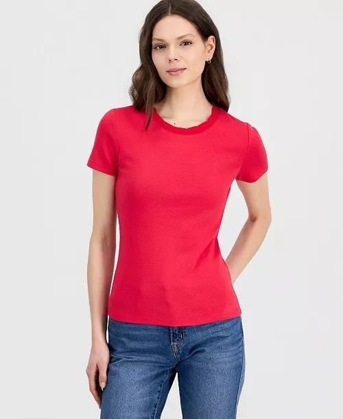 Nautica Women’s Scallop-Trim Cotton Short-Sleeve T-Shirt Red L NWT $39.50