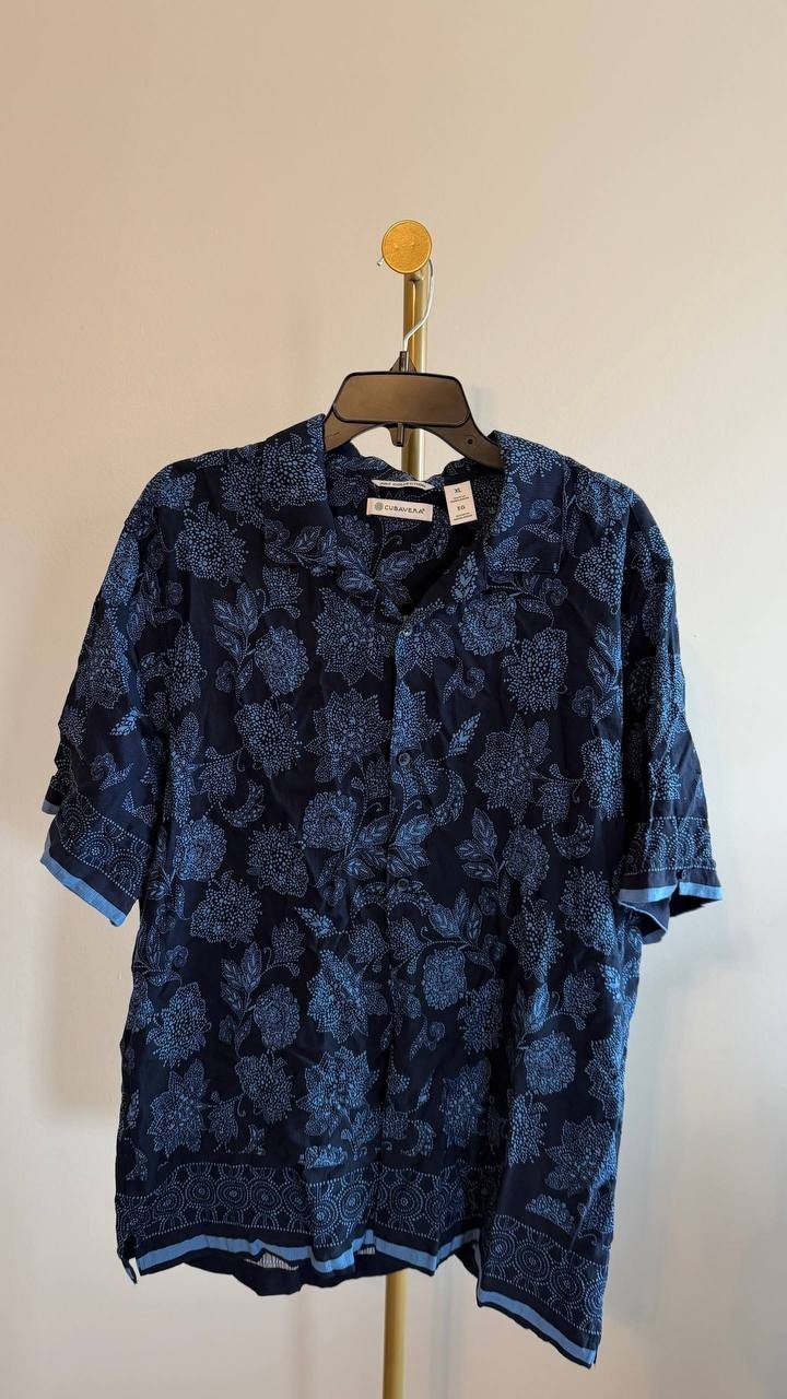 Cubavera Men’s Floral Border Button‑Front Shirt Dress Blues XL/EG $80 NWT