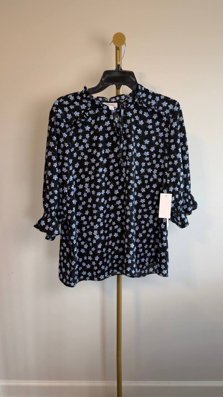 CeCe Floral Split‑Neck Elbow‑Sleeve Blouse Reach Black L NWT $79