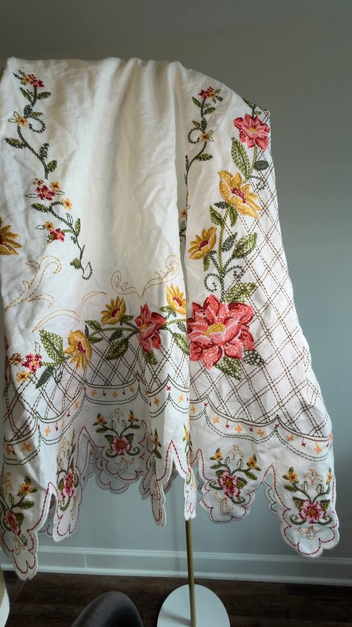 FARM Rio Off‑White Flower Embroidery Asymmetric Hem Midi Dress L NWT