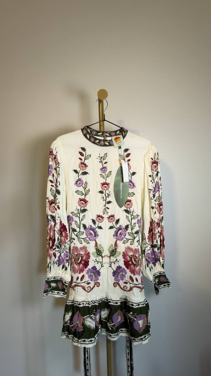 FARM Rio Rococo Long‑Sleeve Tiered Mini Dress White Multi M NWT $248